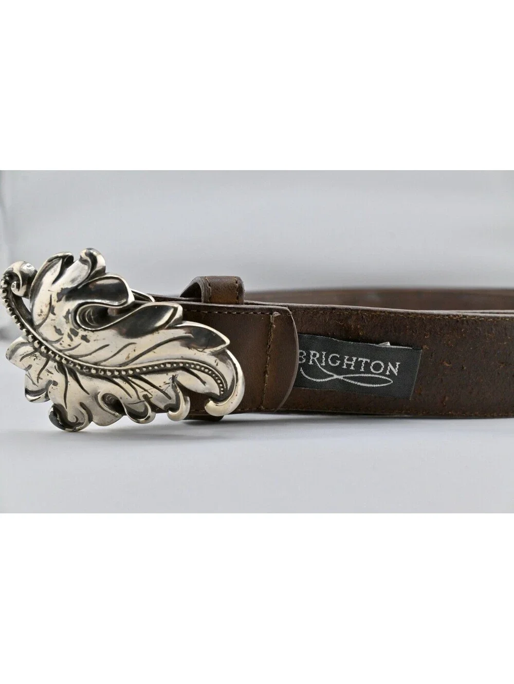 LEATHER L brown western Acanthus Silver leaf belt buckle 49 Inches Long